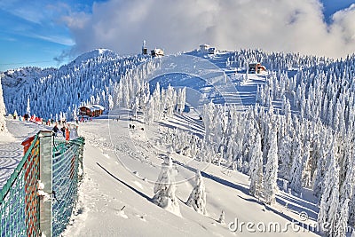 View over the spectacular ski slopes in the Carpathians mountains, Panoramic view over the ski slope, ski resort in Transylvania, Stock Photo