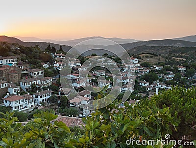 View over the turkish village of Sirince at sunset Stock Photo