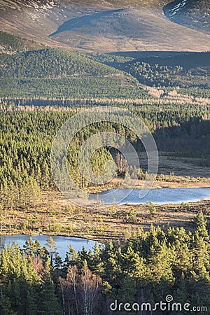 View over the Uath lochans at Glen Feshie in the Cairngorms National Park of Scotland. Stock Photo