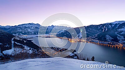 View over Zell am See at night in winter, Austria Stock Photo
