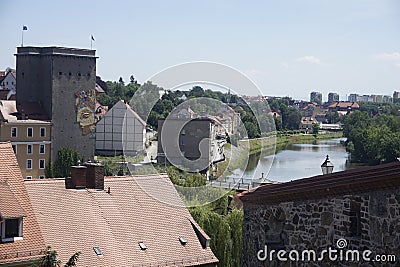 View over Zgorzelec, the Neisse river and the old town bridge of Goerlitz Stock Photo