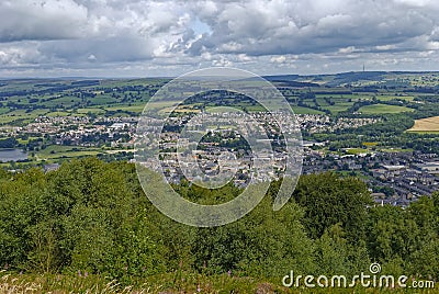 The View overlooking Otley Town in West Yorkshire seen from the wooded Chevin ridge Stock Photo