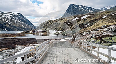 View overlooking Rondvassbu tourist cottages in Rondane national park. Stock Photo