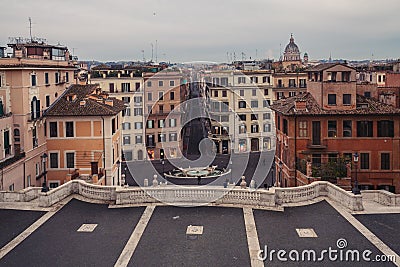 A view of palaces in front of Fontana della Barcaccia in Piazza di Spagna, Rome Editorial Stock Photo