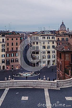 A view of palaces in front of Fontana della Barcaccia in Piazza di Spagna, Rome Editorial Stock Photo