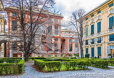 View of the palazzo rosso from a garden situated between palazzo bianco and palazzo doria tursi palace in Genoa, Italy Editorial Stock Photo