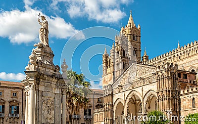 View of Palermo Cathedral with Santa Rosalia statue, Sicily Stock Photo