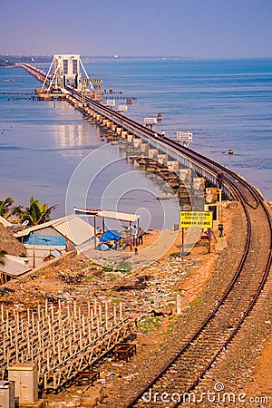 View of Pamban bridge in Rameshwaram. First indian bridge, which connects Pamban island in India. Editorial Stock Photo