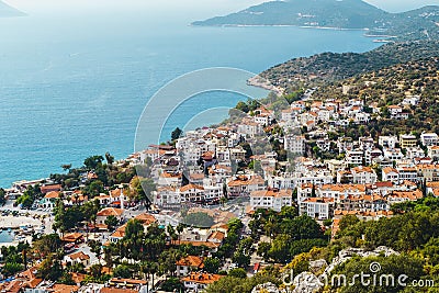 View of the panorama of the Turkish city of Kas from above. Tourist attractions of Turkey and Mediterranean Sea. Travel Stock Photo