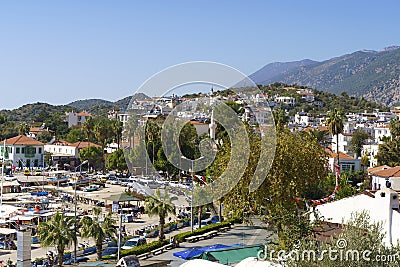 View of the panorama of the Turkish city of Kas from above. Tourist attractions of Turkey and Mediterranean Sea. Travel Stock Photo