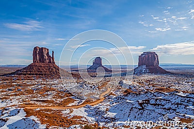 Panoramic view of Monument Valley Navajo Tribal Park in the snow Stock Photo