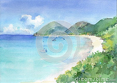 View of paradise bay with turquoise see water and white sandy beach. Watercolor hand drawn illustration. Cartoon Illustration