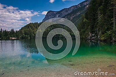 View of paradise Tovel lake in Trentino during summer day Stock Photo