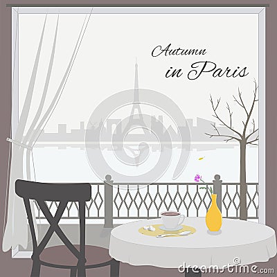 View of Paris cityscape from cafe window. Vector Illustration