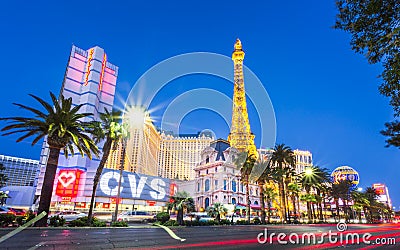 View of the Paris Effel Tower at dusk, The Strip, Las Vegas Boulevard, Las Vegas Editorial Stock Photo