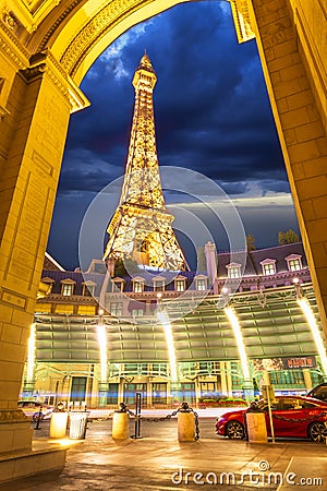 View of the Paris Effel Tower at dusk, The Strip, Las Vegas Boulevard, Las Vegas, Nevada, USA, North America Editorial Stock Photo