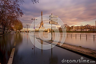 View of Paris flood as river Seine rises and approaches record level. Eiffel tower in background Stock Photo