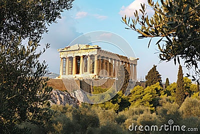 A View of the Parthenon in Athens, A classical Greek Parthenon surrounded by olive trees, AI Generated Stock Photo