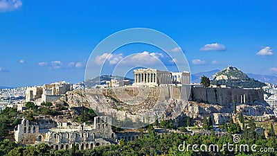 Parthenon Temple and Odeon of Herodes Atticus on Acropolis hill Stock Photo