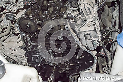 View of a partially disassembled engine in the process of replacing the timing chain Stock Photo