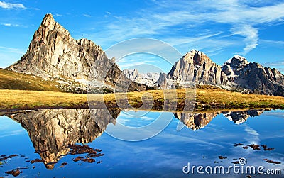 View from passo Giau, mountain lake, Dolomites mountains Stock Photo