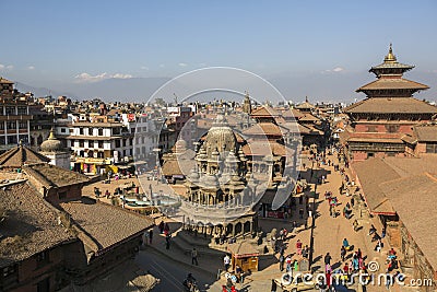 View of the Patan Durbar Square. It is one of the 3 royal cities in the Kathmandu, a very popular spot for tourists. Editorial Stock Photo