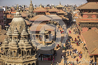 View of the Patan Durbar Square. It is one of the 3 royal cities in the Kathmandu, a very popular spot for tourists. Editorial Stock Photo