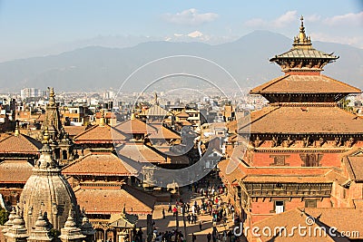 View of the Patan Durbar Square - it is one of the 3 royal cities in the Kathmandu, a very popular spot for tourists. Editorial Stock Photo