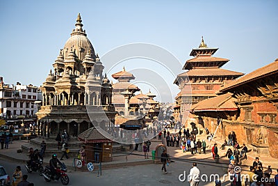 View of the Patan Durbar Square - it is one of the 3 royal cities in the Kathmandu, a very popular spot for tourists. Editorial Stock Photo