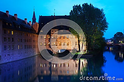 View of the Pegnitz River in Nuremberg at night Stock Photo