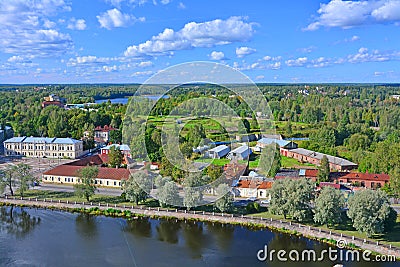 View of Petrovskaya Embankment and Annekron from St. Olav's Tower in Vyborg Castle, Russia Stock Photo