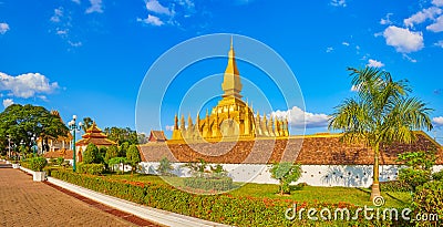 View of the Pha That temple. Vientiane, Laos. Panorama Stock Photo