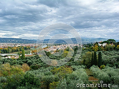 View from Piazzale Michelangelo to the Botanical Garden Giardino dell`Iris, Arno river and hills Stock Photo