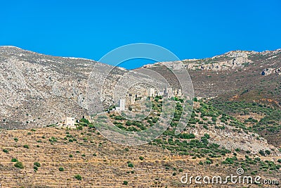 View of the picturesque medieval village of Vatheia with towers, Lakonia, Peloponnese. Stock Photo