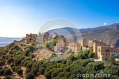 View of the picturesque medieval village of Vatheia with towers, Lakonia, Peloponnese. Stock Photo