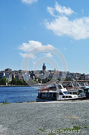 View of the pier with ships and the Golden Horn Bay. Editorial Stock Photo