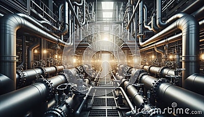 Pipes and valves, valves inside an industrial factory for the production, transportation of oil, gas Stock Photo