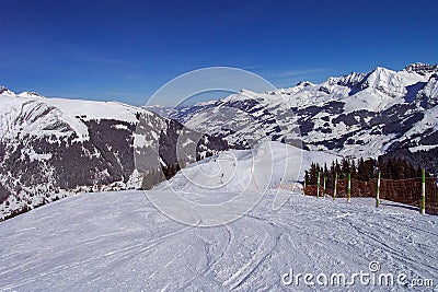 View from the piste into the Adelboden valley. Switzerland, Europe Stock Photo