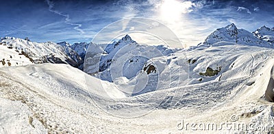 View of Piz Bernina Alps mountains in Switzerland. Stock Photo
