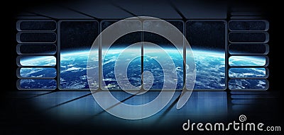View of the planet earth from a huge spaceship window 3D renderi Stock Photo