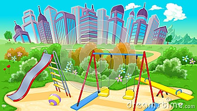 View on the playground with city Vector Illustration