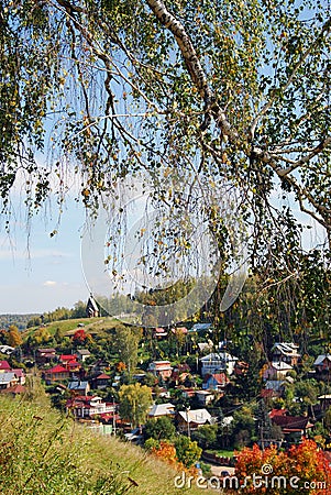 View of Ples town, Russia, and the Volga river. Autumn nature. Stock Photo