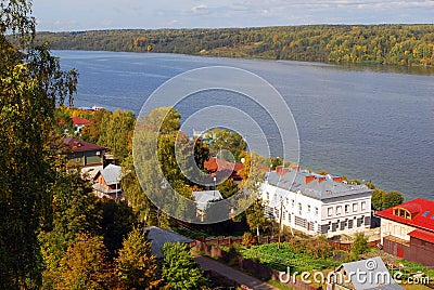View of Ples town, Russia, and the Volga river. Autumn nature. Stock Photo