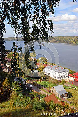 View of Ples town, Russia, and the Volga river. Autumn nature. Stock Photo