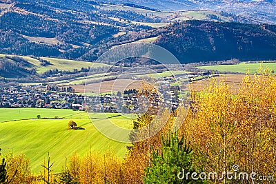 View of Pohorela village with meadows and forest around Stock Photo
