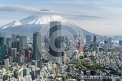 View point of Tokyo city with Tokyo tower building and Fujiyama mountain background Stock Photo