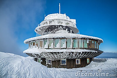 View of Polish Meteo Observatory hut on summit of Snezka or Sniezka mountain. Stock Photo