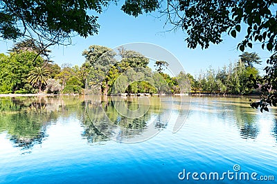 View of the pond at Tibet Garden in Parque O`Higgins in Santiago de Chile Stock Photo