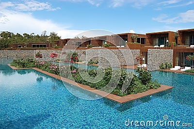 View of the pool and flowers in luxury hotel in Turkey. Editorial Stock Photo