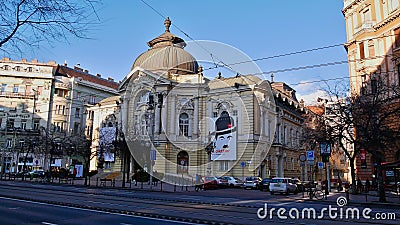 View of popular historic Comedy Theatre of Budapest (VÃ­gszÃ­nhÃ¡z) built in 1896 (late historicism). Editorial Stock Photo